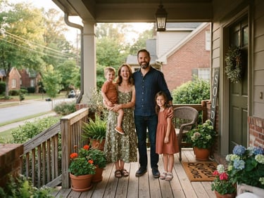 A warm environmental portrait of an American family standing together on the porch of their newly secured home in a Georgia neighborhood, soft golden hour light, rich terracotta and olive tones, authentic 35mm film look.