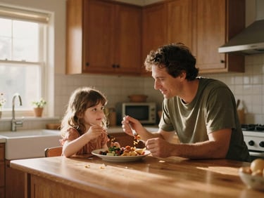 A father and young daughter sharing a meal in a brightly lit, warm kitchen with wooden cabinets, soft window light, authentic film look