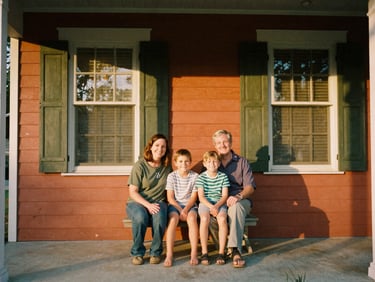 A family of four sitting together on a front porch of a Georgia home, smiling warmly, natural sunset lighting, authentic film look