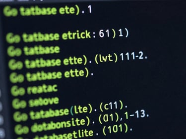 Macro close-up of syntax-highlighted Go database connection code on a dark IDE screen, neon green accents, terminal glow