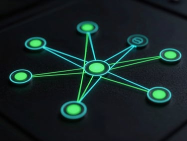 High-fidelity architectural diagram of distributed nodes with network partition lines, glowing neon cyan and green lines on dark surface