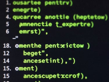 Macro shot of syntax-highlighted code on a dark terminal screen with high-contrast neon green glow, sharp focus, 35mm