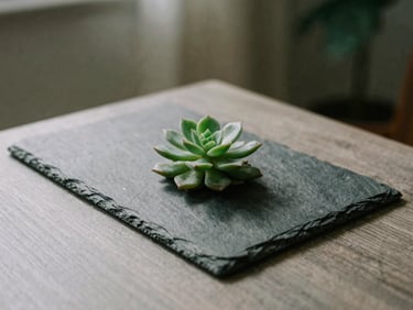 A minimalist slate desk with a small green succulent plant, soft natural morning light casting gentle shadows, editorial 35mm photography