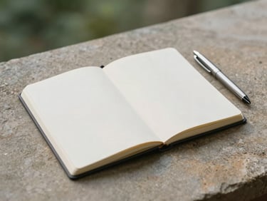 A clean, minimalist notebook open on a warm stone surface, a sleek metal pen resting beside it, soft shadows
