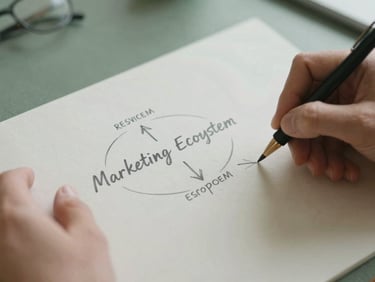 Close-up of hands sketching a clean marketing ecosystem diagram on textured paper, soft natural light, shallow depth of field