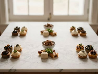 Minimalist overhead shot of a clean corporate grazing table with neatly arranged artisanal pairings and elegant marble accents