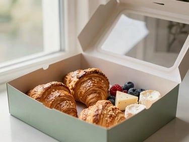 Bright morning light illuminating an open luxury brunch box filled with fresh croissants, berries, and mini cheese wheels