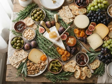 Warm editorial photography of an asymmetric overhead flat-lay of a luxury grazing table, soft natural morning window light, ivory and muted green tones, featuring artisanal cheeses, fresh figs, honeycomb, and rosemary sprigs, shallow depth of field, 35mm