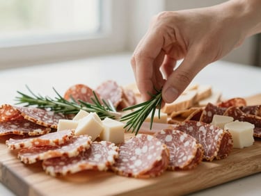Close-up of a hand placing a single sprig of rosemary on a beautifully arranged wooden charcuterie board, soft natural light