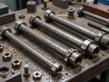Close-up of mining equipment components on a work bench — heavy metal parts, bolts and fittings laid out, harsh work-site lighting, dust on surfaces, no people