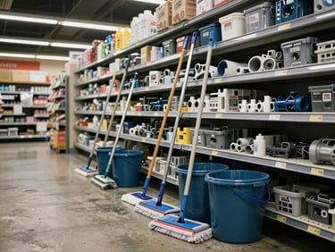 Wide shot of maintenance supplies — mops, buckets, replacement parts — stacked on metal shelving inside a supermarket back-of-house area, fluorescent lighting, worn concrete floor