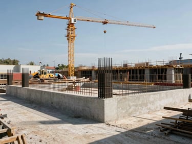 Wide shot of an active construction site — concrete formwork and rebar in foreground, cranes overhead, natural daylight casting hard shadows, no people visible