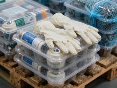 Close-up of stacked disposable gloves, hairnets, and food-handling supplies in sealed cartons on a warehouse pallet, natural side-light, detail framing