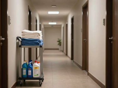 Empty hotel corridor with housekeeping cart in foreground — folded linens stacked neatly, cleaning supplies visible, fluorescent and natural light mix, no people