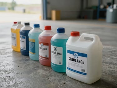 Close-up overhead view of industrial cleaning product containers lined up on a concrete warehouse floor, labels facing forward, natural daylight from loading bay door