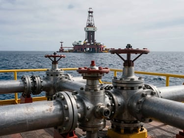 Close-up of an offshore drilling platform deck at sea — heavy pipes and equipment fittings in foreground, open ocean in background, overcast natural daylight, no people