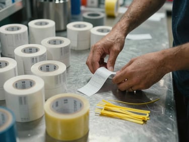 Hands sorting operational supplies — price label rolls, packaging tape, cable ties — on a metal worktable under direct overhead lighting in a retail stockroom
