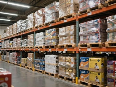 Supermarket stock room — pallets of packaged goods under warehouse lighting, metal shelving units fully loaded, no people, overhead fluorescent daylight-balanced light