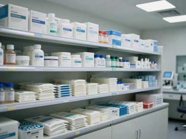 Medical clinic supply room — shelves of packaged consumables and sterile materials, clinical white surfaces, daylight-balanced overhead lighting, no people