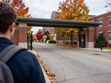 Wide environmental shot from a student's eye-level perspective at a Canadian university campus entrance in autumn, maple leaves on the ground, a student's backpack strap visible at the frame edge, overcast daylight, candid and unposed