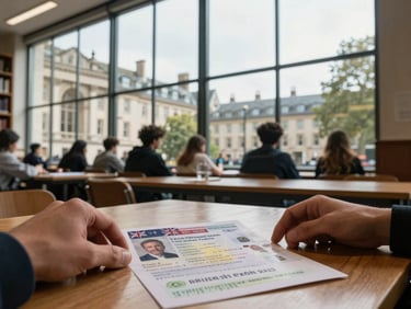 Wide environmental shot looking through a university library window in London, student's hands resting on a wooden desk with a British student visa document in the foreground, warm afternoon light filtering through tall glass panes, candid and unposed