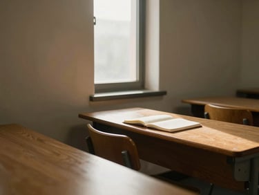 Wide environmental shot of a quiet reading room interior with afternoon light coming through a narrow window, an empty chair at a wooden desk with an open notebook, warm and still, no people, natural daylight, documentary style