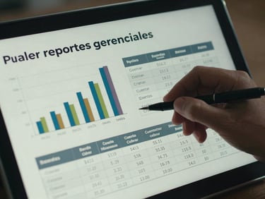 Panel de reportes gerenciales en NUBEFACT con gráficos de barras de ventas mensuales en dólares y tablas de cuentas por cobrar estructuradas.