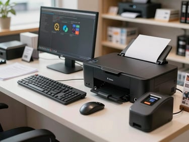 Plano medio de un mostrador de tienda limpio con un computador moderno, una impresora de etiquetas Zebra negra y un lector de códigos de barras, iluminado por luz natural.