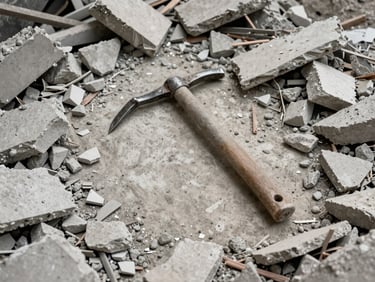 Overhead view of a demolition site, broken concrete chunks and plasterboard fragments on bare concrete floor, a steel crowbar resting on the rubble, diffused daylight from above, no people