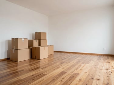 Empty unfurnished room with wooden floor freshly cleaned, moving boxes stacked against a bare white wall, soft overcast daylight, no people