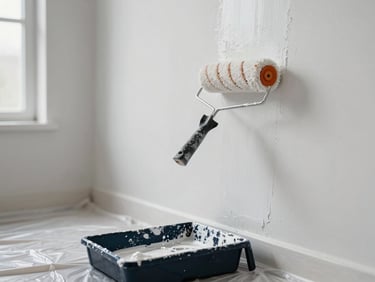 Paint roller in motion on a white interior wall, fresh paint streak visible mid-stroke, paint tray on a plastic-sheeted floor, diffused window light, no people visible