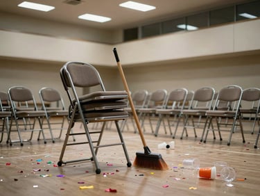 Empty event hall after a gathering, folded chairs stacked, confetti and plastic cups on a polished floor being swept, soft overhead lighting, no people visible in foreground