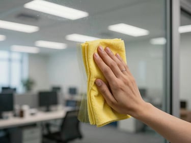 Close-up of a cleaning cloth wiping a glass office partition, reflection of empty open-plan workspace visible, diffused fluorescent light, no people