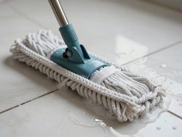 Close-up of a mop head on a freshly cleaned white tile floor, soapy water residue visible, diffused daylight from above, no people