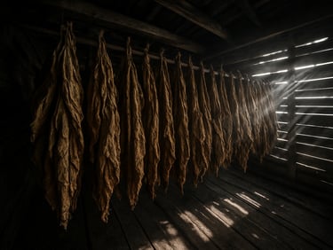 Raw unmanufactured tobacco leaves hanging to dry in a dark wooden curing shed, high-contrast morning light piercing through slats.