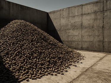 Gritty industrial photography of bulk animal feed pellets piled inside a concrete storage bay, harsh midday sun casting deep shadows, high contrast, desaturated earth tones.