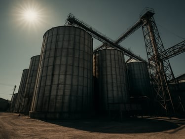 Wide-angle environmental shot of massive steel grain silos under a harsh midday sun, gritty industrial utility, high contrast.