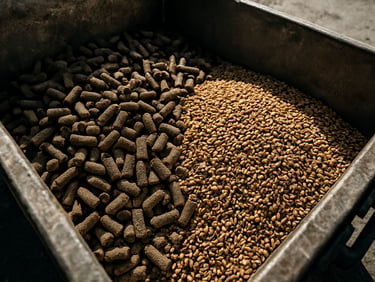 Close-up of bulk animal feed pellets and agricultural seeds in a heavy-duty storage container, gritty industrial utility.