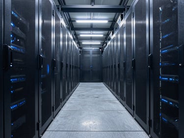 Wide geometric architectural shot of a high-security server facility corridor, low-key cold-storage blue lighting, sharp terminal reflections on polished concrete