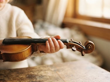 Warm editorial photography, a child's small hand gently holding a tiny wooden violin, soft natural window light, warm cream tones, shallow depth of field