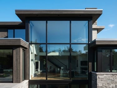 Bright architectural close-up of a modern home facade with large pristine glass windows reflecting a clear blue morning sky, sharp focus, 35mm