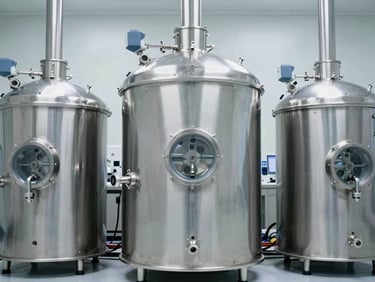 stainless steel bioreactors in a sterile cleanroom, clinical industrial photography, bright sterile cleanroom lighting, cool metallic tones, sharp focus, architectural symmetry, 35mm