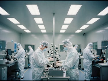 cleanroom with technicians in sterile suits performing validation procedures, overhead view, clinical industrial photography, bright sterile cleanroom lighting, cool metallic tones, sharp focus, architectural symmetry, 35mm
