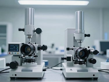 precise calibration instruments on a workbench in a sterile lab, macro shot, clinical industrial photography, bright sterile cleanroom lighting, cool metallic tones, sharp focus, architectural symmetry, 35mm