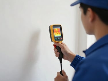 Technician using a thermal imaging camera to scan a wall, displaying heat signatures, in a brightly lit room. Sharp documentary style.