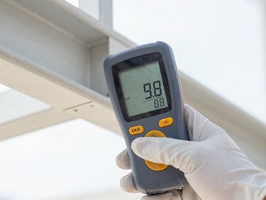 Close-up of a digital moisture meter display showing relative humidity readings, held by a gloved hand against a structural beam. Bright, clinical lighting.