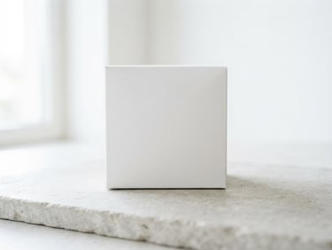 Bright high-key product photography, a clean white box package of Creapure creatine sitting on a minimalist grey stone surface, soft natural daylight, sharp focus, 35mm
