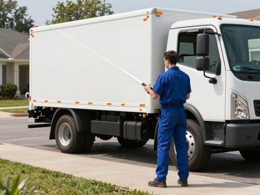 Medium shot of a clean service truck parked on a suburban driveway while a technician applies a seasonal barrier treatment, clear natural light