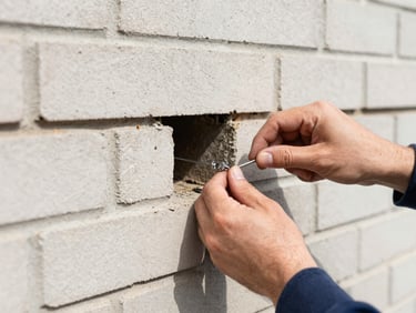 Tight macro shot of a technician sealing a structural entry point on a brick foundation, bright crisp daylight, 35mm lens
