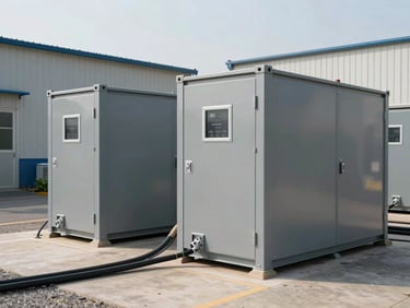 Battery storage containers in an outdoor plant yard, steel-grey enclosures with cable conduits running along the ground, natural daylight, wide shot showing two units side by side with a plant building in the background